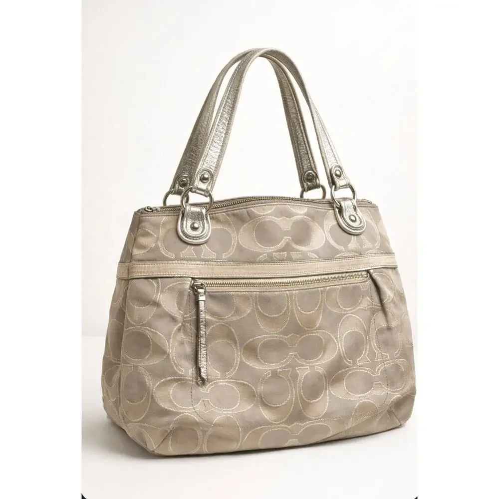 Coach Metallic Signature Jacquard Satchel Champagne Silver Tote Bag Purse - Picture 4 of 8